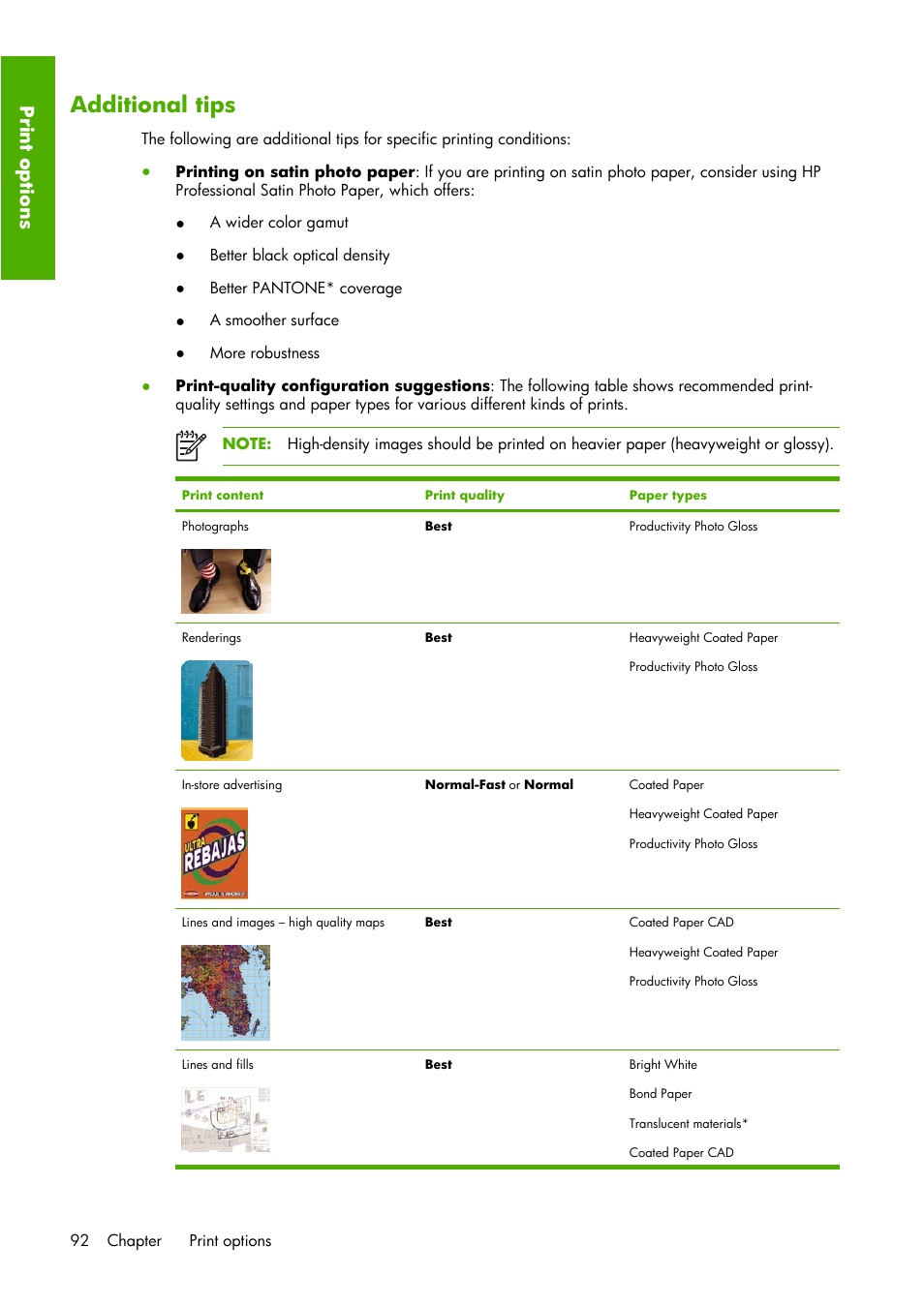 Additional tips, Print options | HP Designjet Z6100 Printer series User Manual | Page 104 / 232