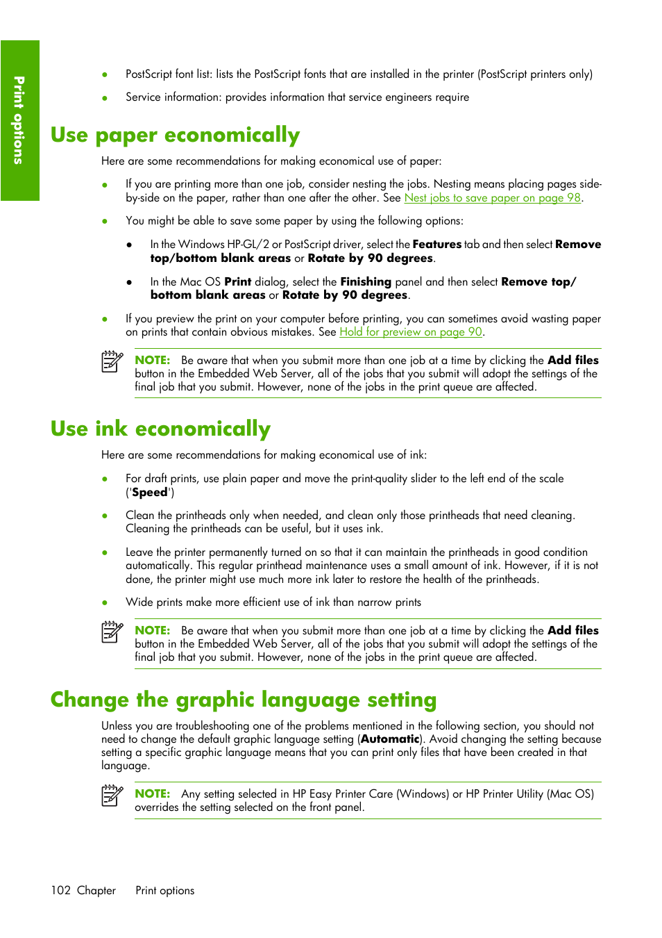 Use paper economically, Use ink economically, Change the graphic language setting | HP Designjet Z6100 Printer series User Manual | Page 114 / 232