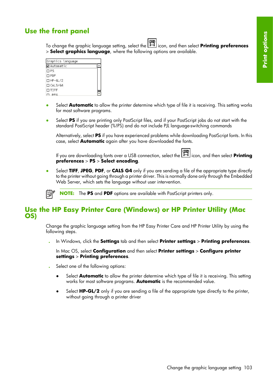 Use the front panel | HP Designjet Z6100 Printer series User Manual | Page 115 / 232