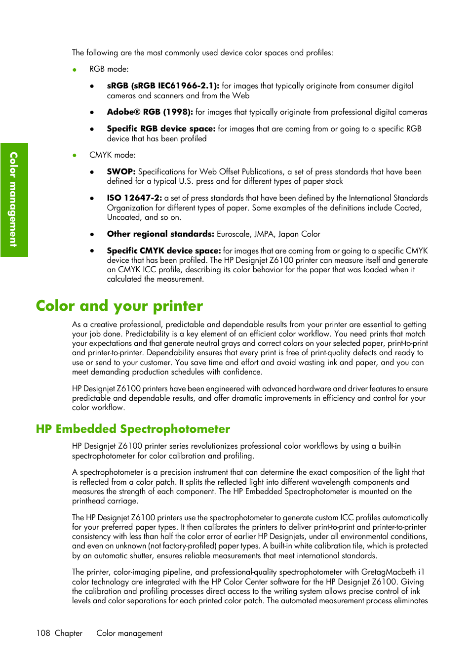 Color and your printer, Hp embedded spectrophotometer | HP Designjet Z6100 Printer series User Manual | Page 120 / 232