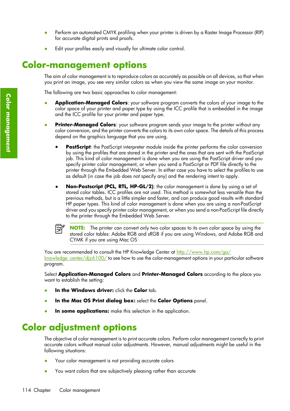 Color-management options, Color adjustment options | HP Designjet Z6100 Printer series User Manual | Page 126 / 232