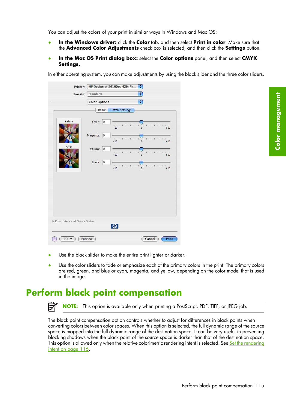 Perform black point compensation | HP Designjet Z6100 Printer series User Manual | Page 127 / 232