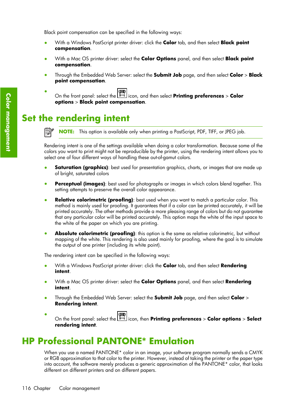 Set the rendering intent, Hp professional pantone* emulation | HP Designjet Z6100 Printer series User Manual | Page 128 / 232