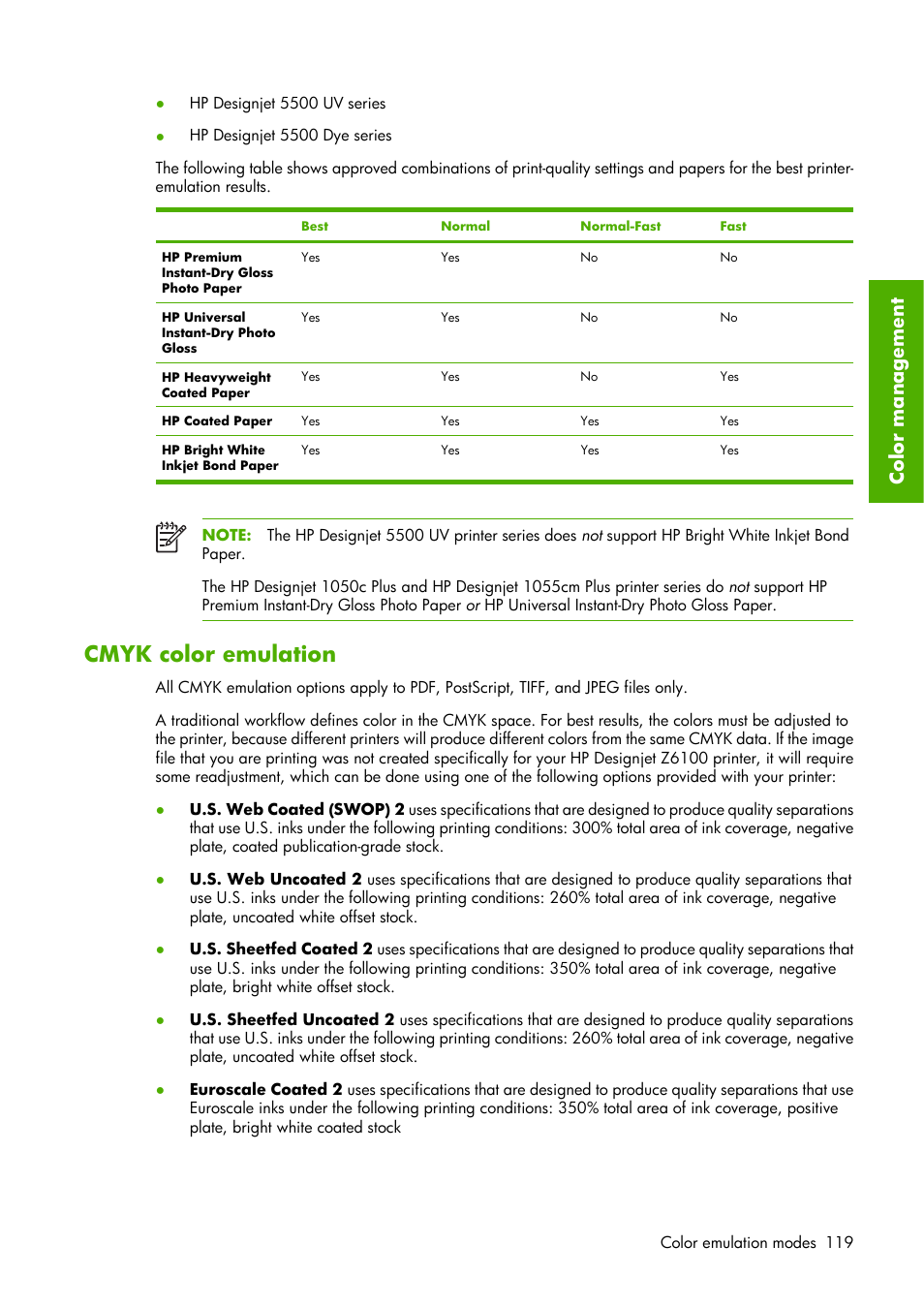 Cmyk color emulation, Color management | HP Designjet Z6100 Printer series User Manual | Page 131 / 232