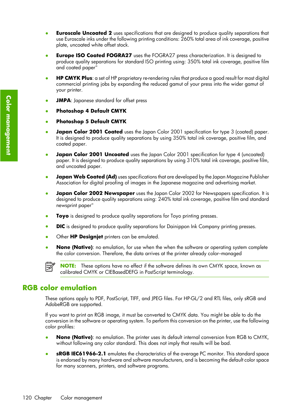Rgb color emulation | HP Designjet Z6100 Printer series User Manual | Page 132 / 232