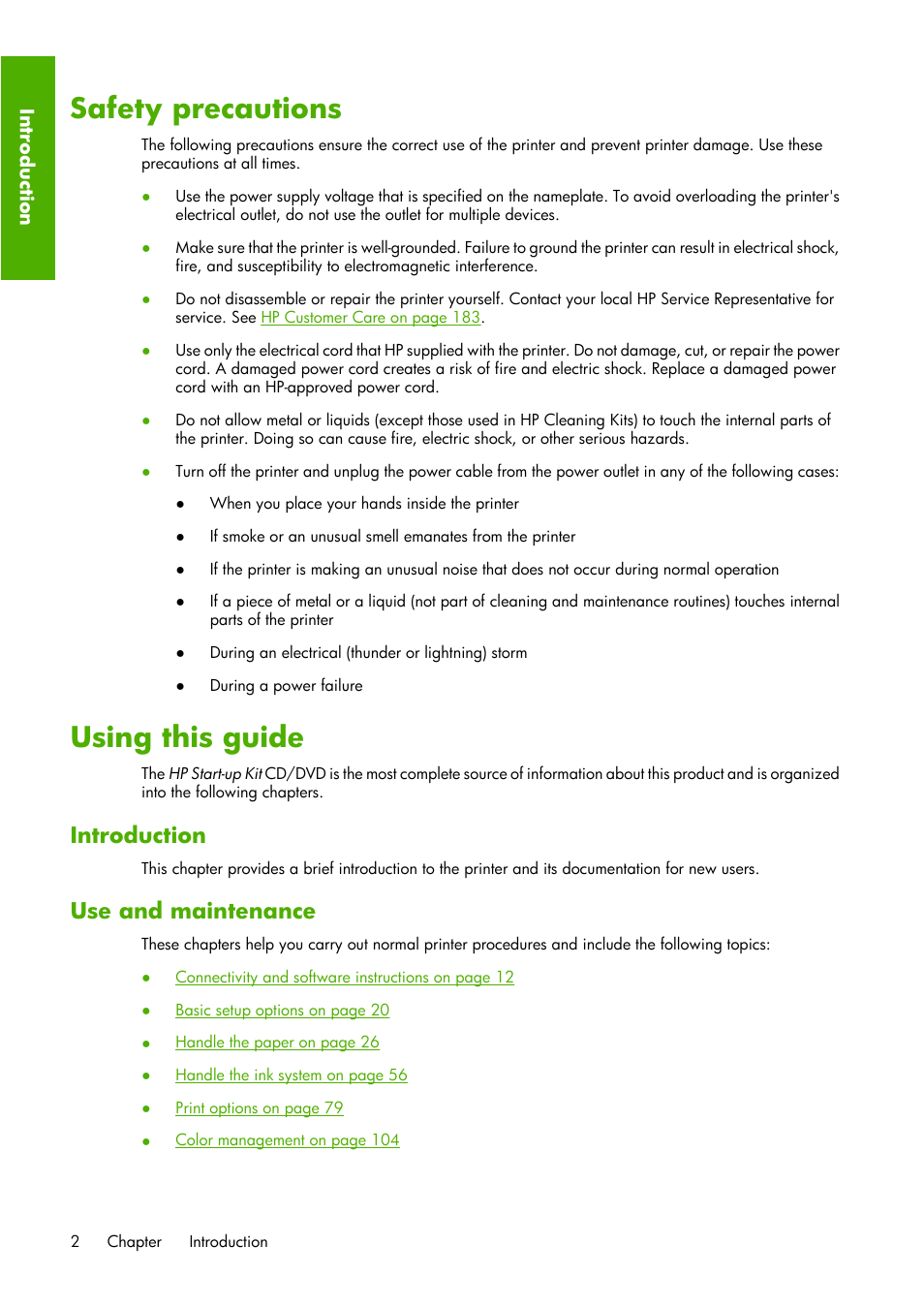 Safety precautions, Using this guide, Introduction | Use and maintenance | HP Designjet Z6100 Printer series User Manual | Page 14 / 232