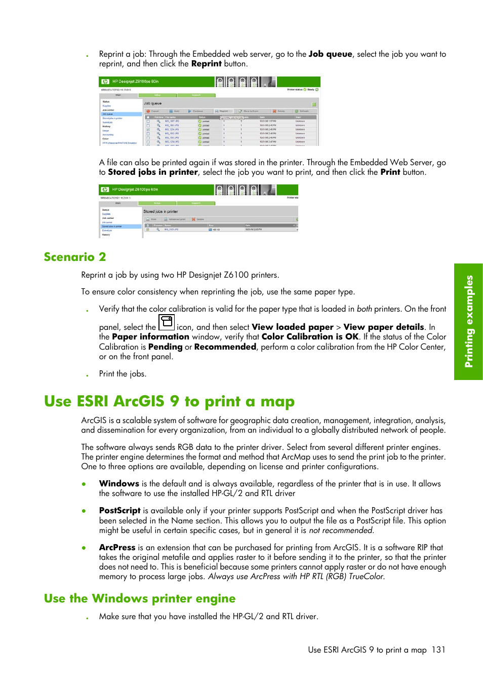 Use esri arcgis 9 to print a map, Scenario 2, Use the windows printer engine | HP Designjet Z6100 Printer series User Manual | Page 143 / 232