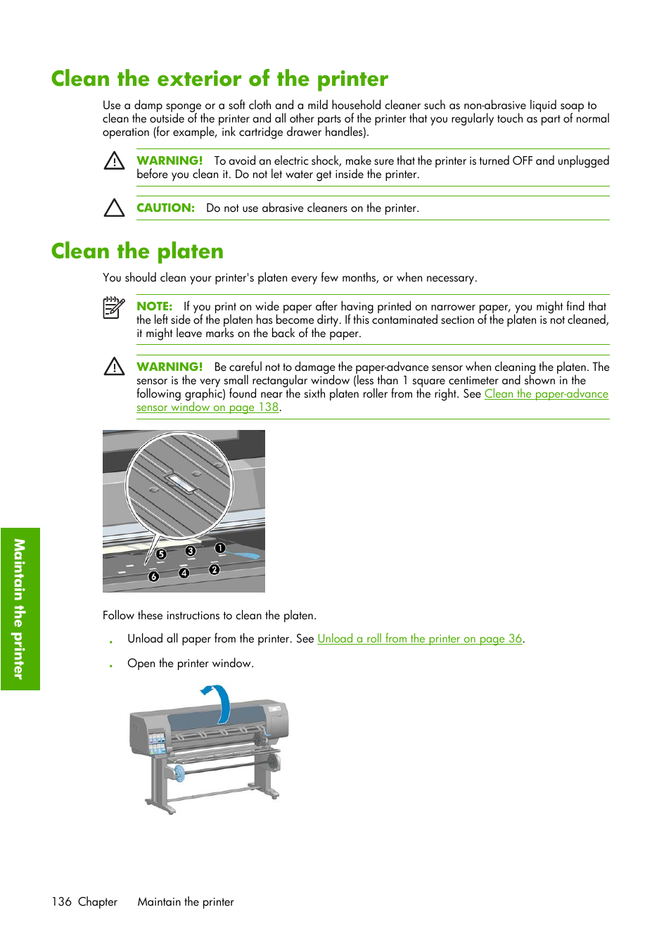 Clean the exterior of the printer, Clean the platen | HP Designjet Z6100 Printer series User Manual | Page 148 / 232