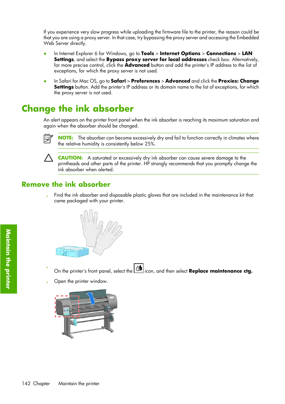 Change the ink absorber, Remove the ink absorber | HP Designjet Z6100 Printer series User Manual | Page 154 / 232