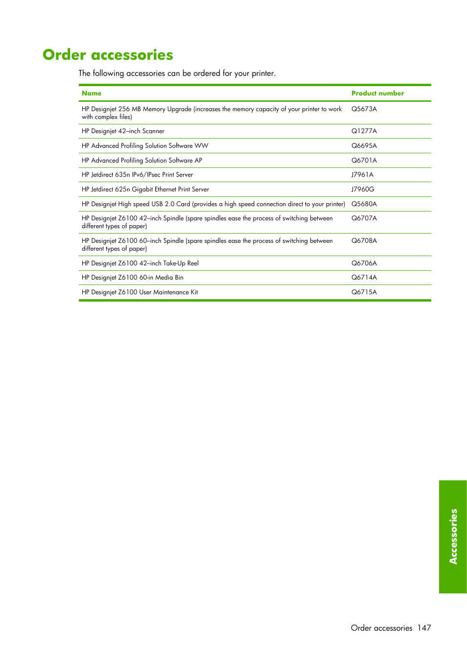 Order accessories, Accessories | HP Designjet Z6100 Printer series User Manual | Page 159 / 232