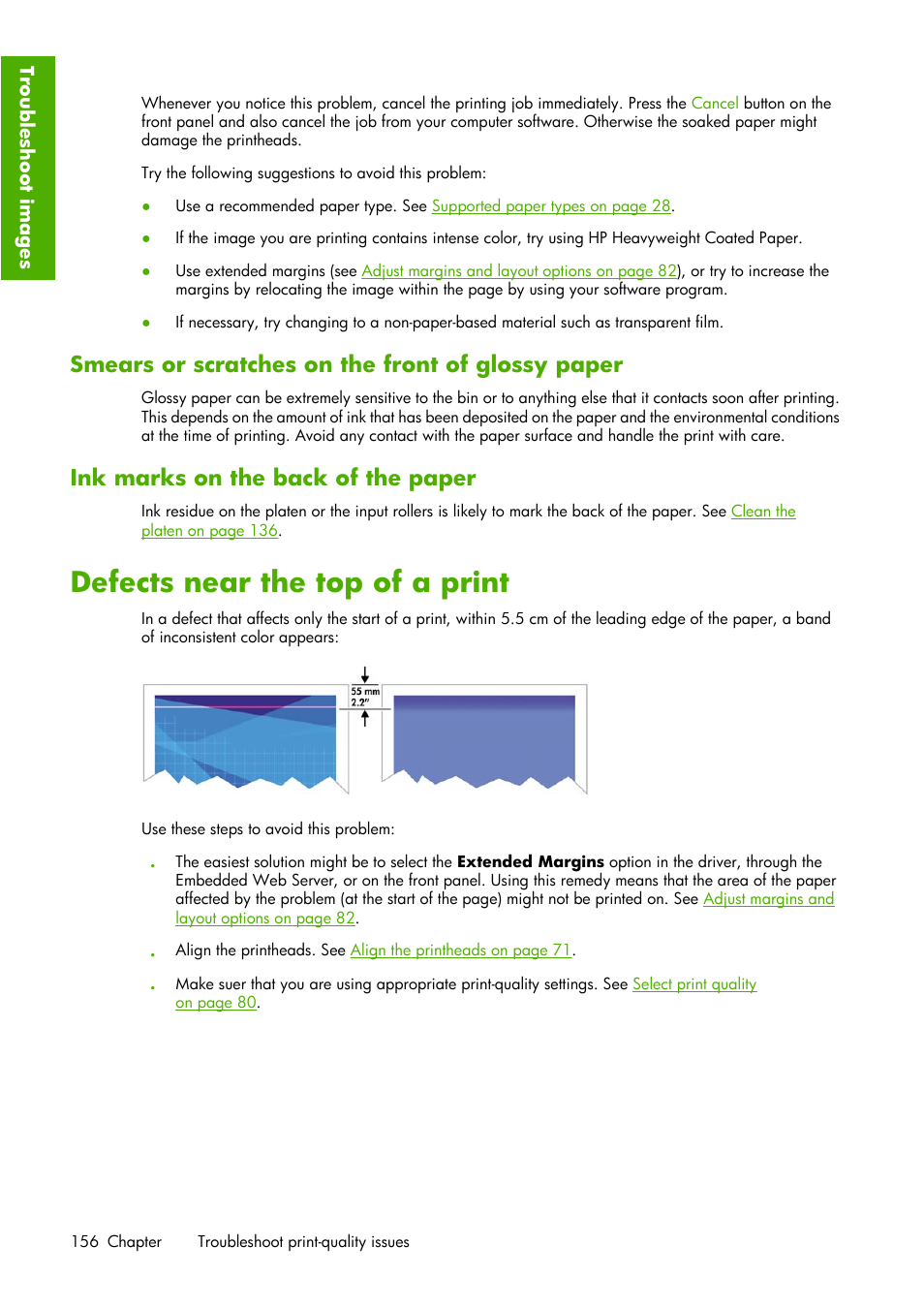 Defects near the top of a print, Smears or scratches on the front of glossy paper, Ink marks on the back of the paper | HP Designjet Z6100 Printer series User Manual | Page 168 / 232