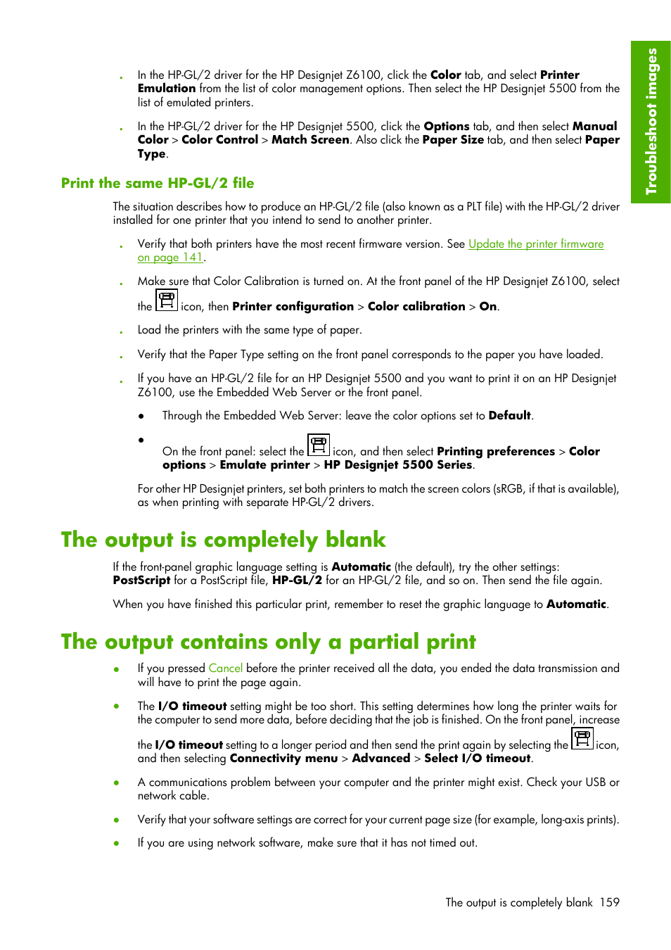 The output is completely blank, The output contains only a partial print | HP Designjet Z6100 Printer series User Manual | Page 171 / 232