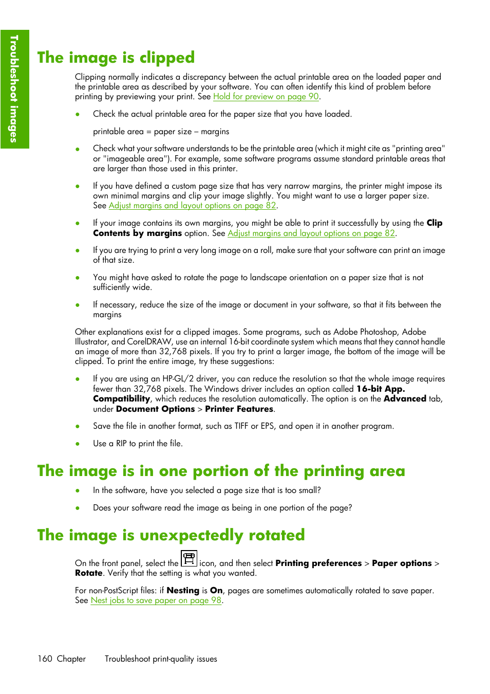 The image is clipped, The image is in one portion of the printing area, The image is unexpectedly rotated | HP Designjet Z6100 Printer series User Manual | Page 172 / 232