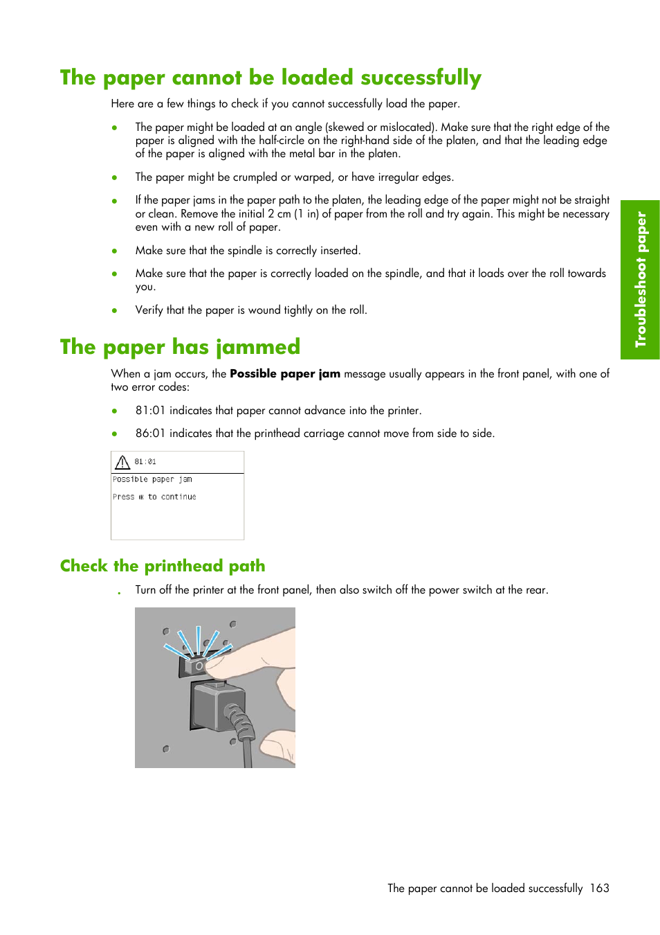 The paper cannot be loaded successfully, The paper has jammed, Check the printhead path | HP Designjet Z6100 Printer series User Manual | Page 175 / 232