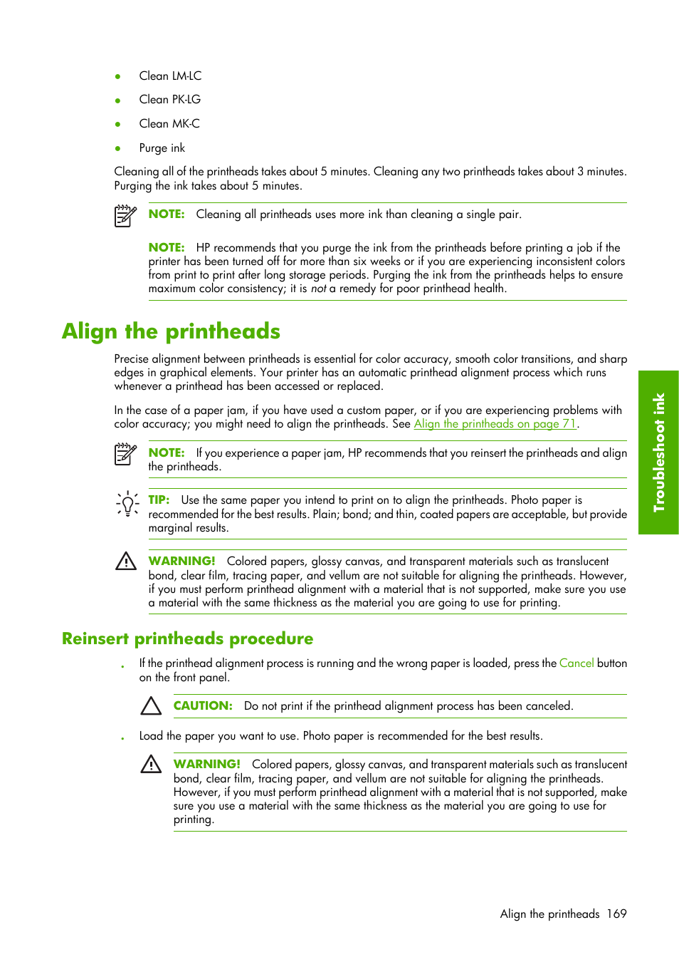 Align the printheads, Reinsert printheads procedure | HP Designjet Z6100 Printer series User Manual | Page 181 / 232