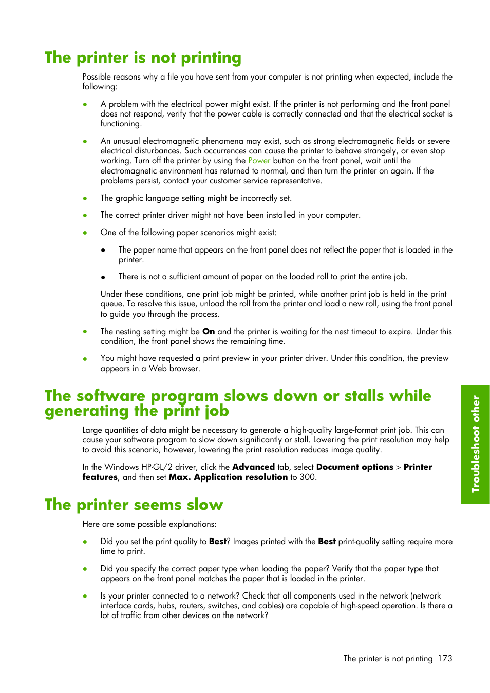 The printer is not printing, The printer seems slow | HP Designjet Z6100 Printer series User Manual | Page 185 / 232