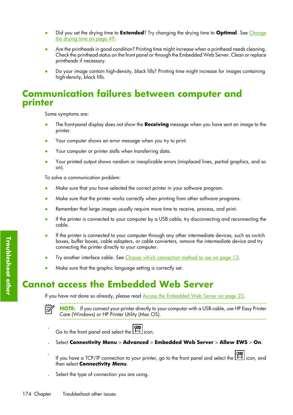 Cannot access the embedded web server | HP Designjet Z6100 Printer series User Manual | Page 186 / 232