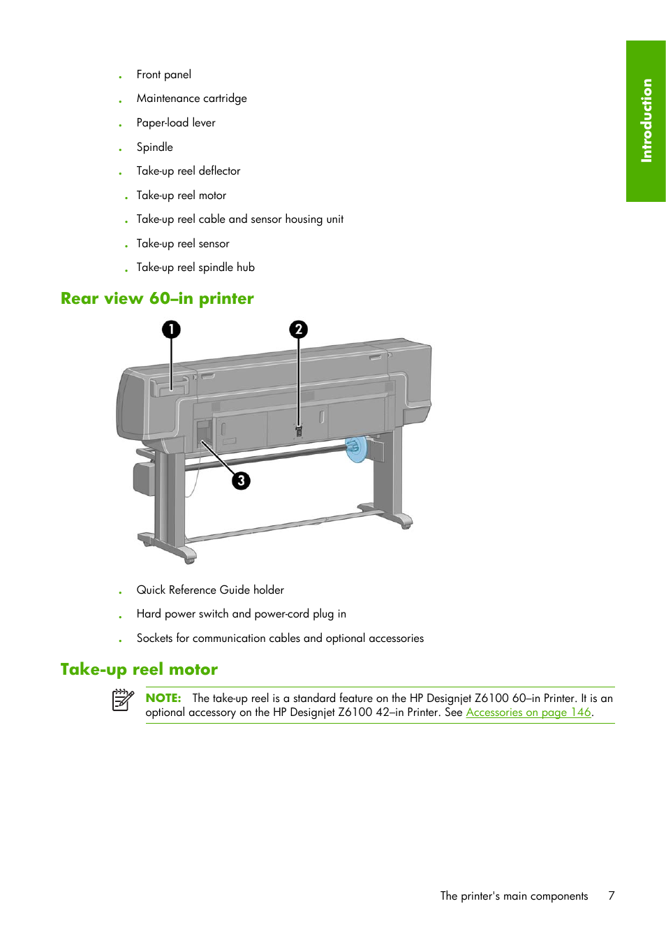 Rear view 60–in printer, Take-up reel motor | HP Designjet Z6100 Printer series User Manual | Page 19 / 232