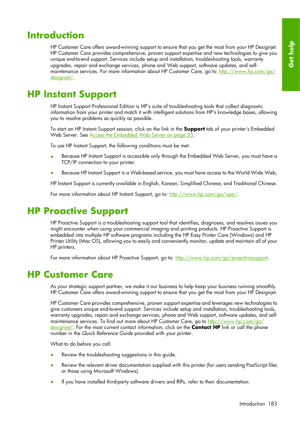 Introduction, Hp instant support, Hp proactive support | Hp customer care | HP Designjet Z6100 Printer series User Manual | Page 195 / 232