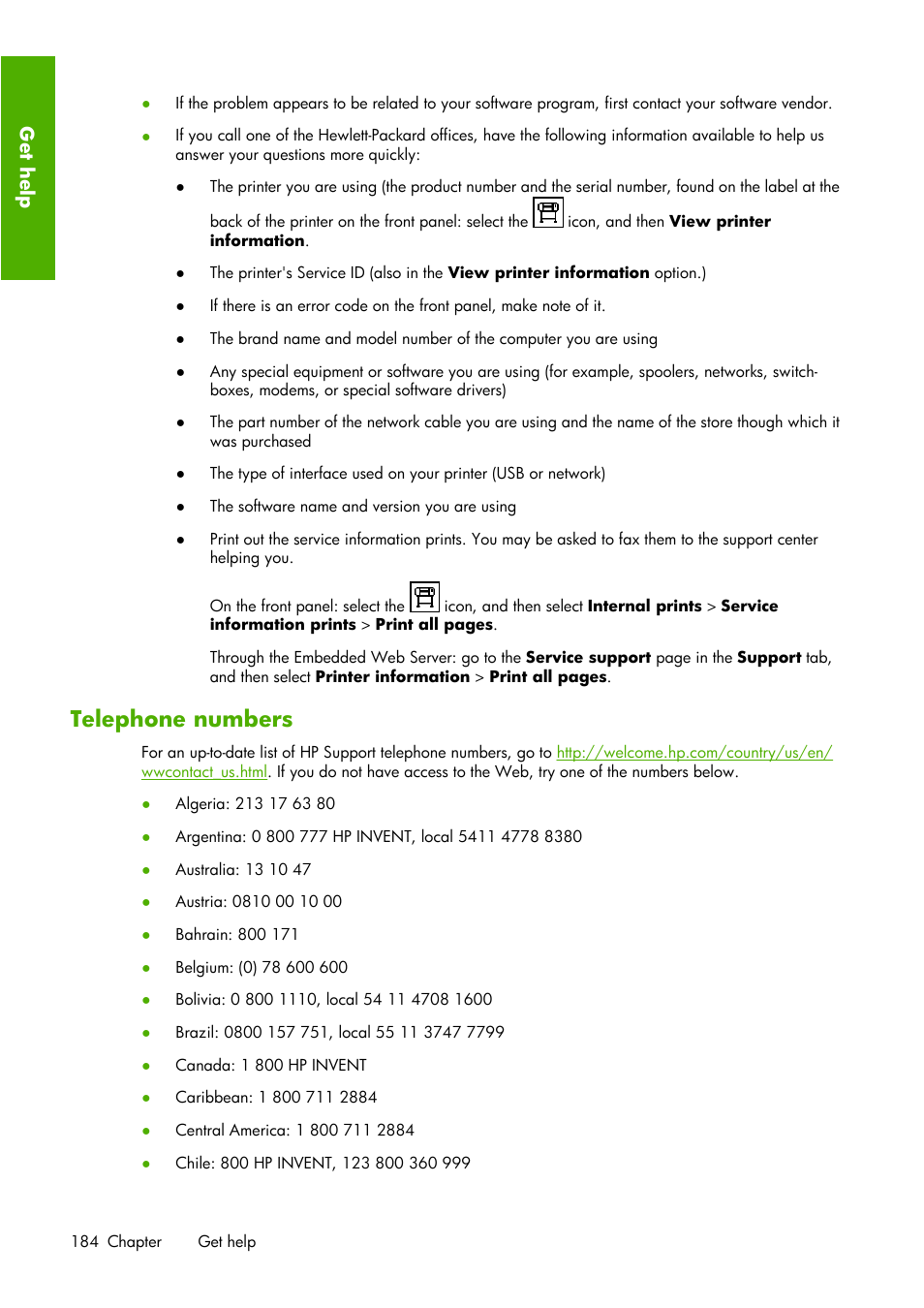 Telephone numbers | HP Designjet Z6100 Printer series User Manual | Page 196 / 232