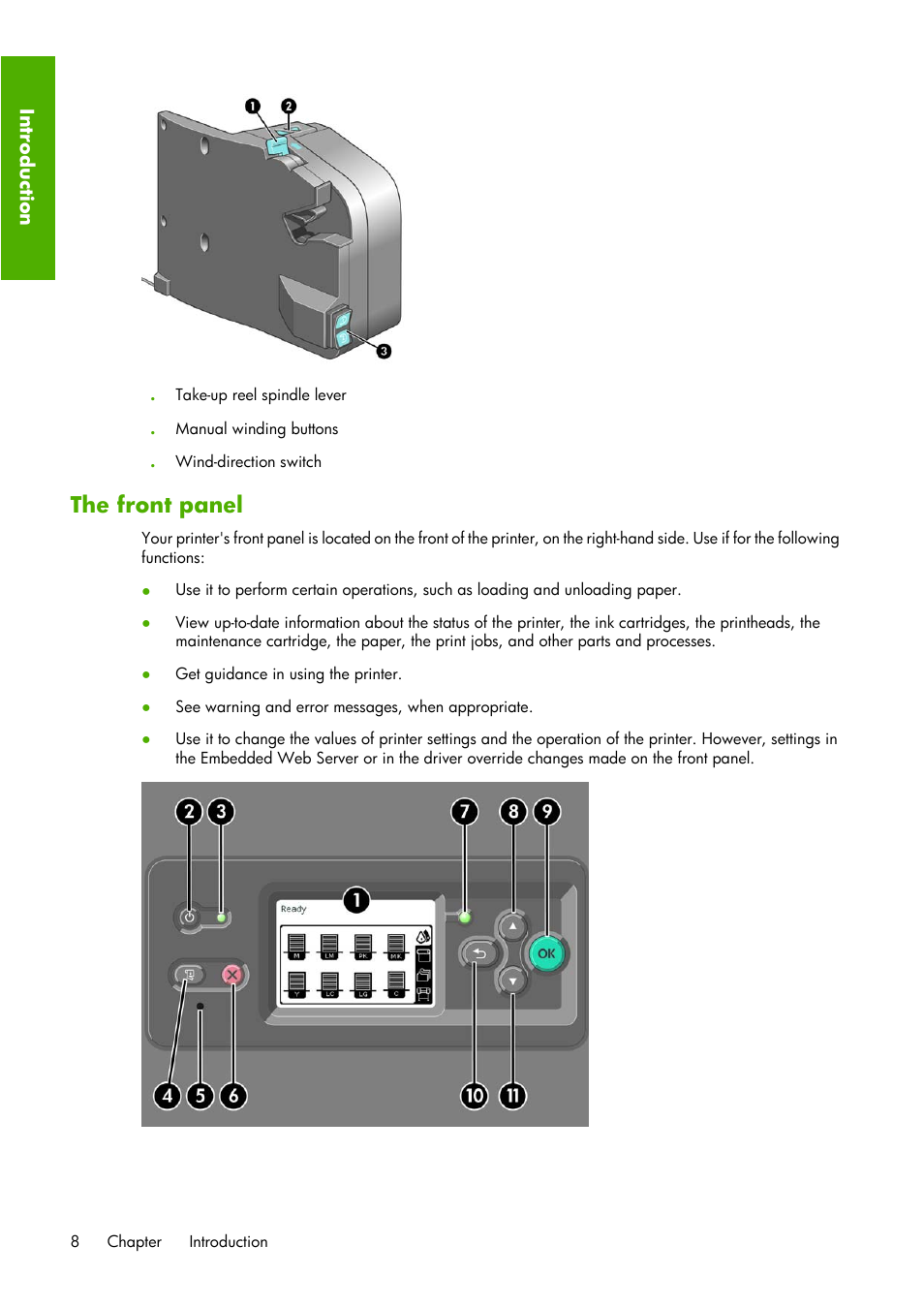 The front panel | HP Designjet Z6100 Printer series User Manual | Page 20 / 232