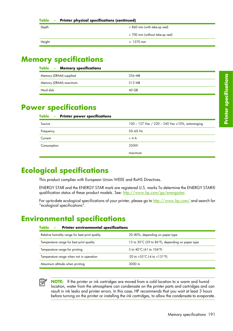 Power specifications, Ecological specifications, Environmental specifications | Prin ter specifications | HP Designjet Z6100 Printer series User Manual | Page 203 / 232