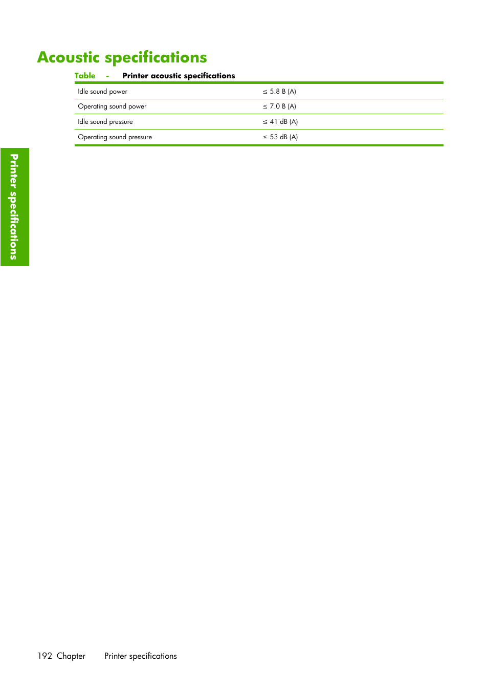 Acoustic specifications, Prin ter specifications | HP Designjet Z6100 Printer series User Manual | Page 204 / 232