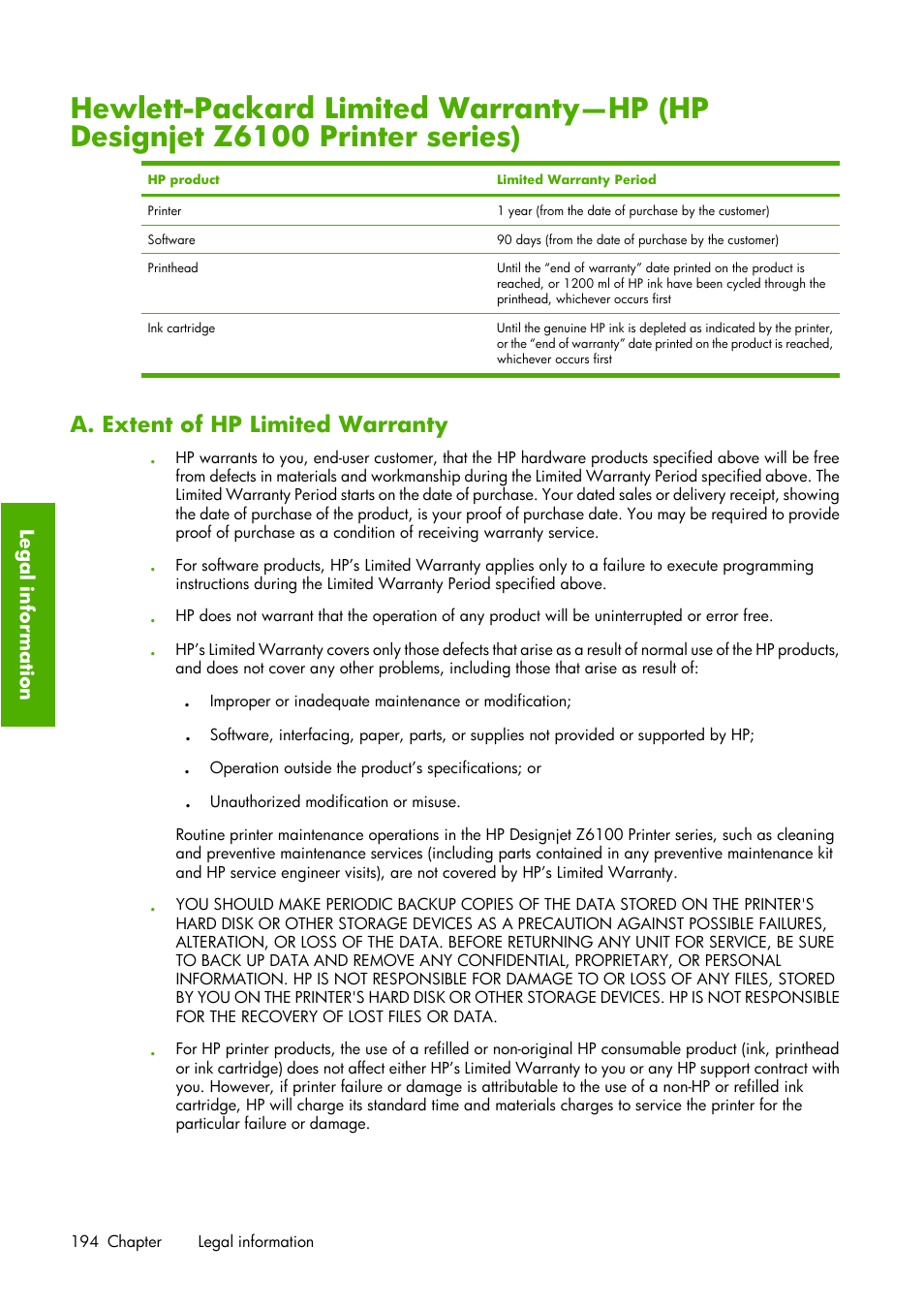 A. extent of hp limited warranty | HP Designjet Z6100 Printer series User Manual | Page 206 / 232