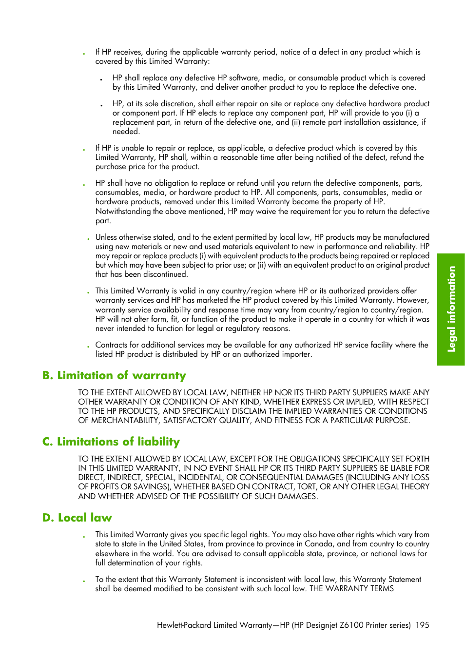 B. limitation of warranty, C. limitations of liability, D. local law | HP Designjet Z6100 Printer series User Manual | Page 207 / 232