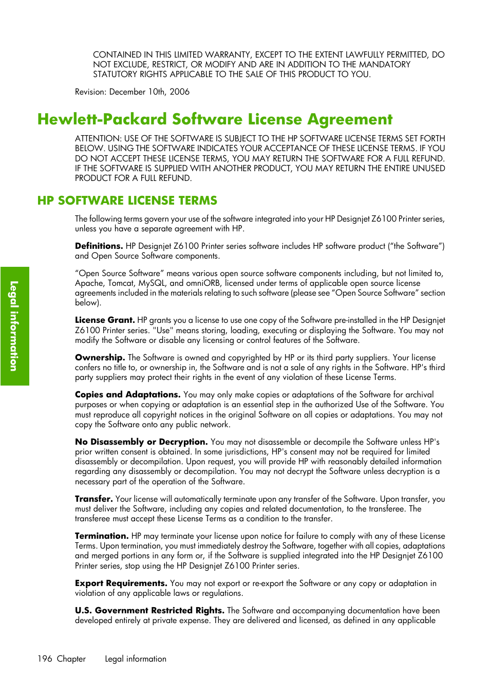 Hewlett-packard software license agreement, Hp software license terms | HP Designjet Z6100 Printer series User Manual | Page 208 / 232