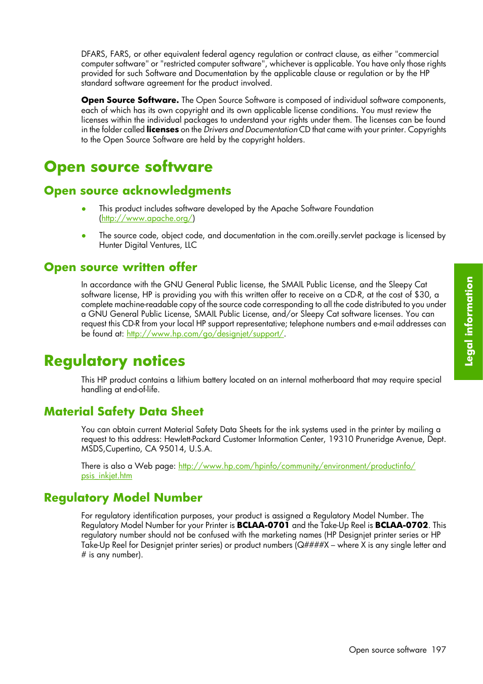 Open source software, Regulatory notices, Open source acknowledgments | Open source written offer, Material safety data sheet, Regulatory model number | HP Designjet Z6100 Printer series User Manual | Page 209 / 232