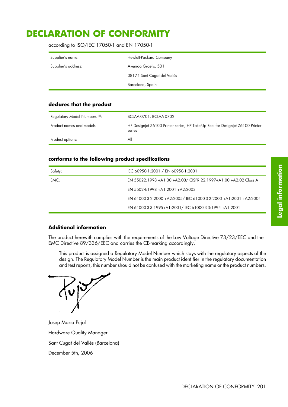 Declaration of conformity, Lega l inf o rm atio n | HP Designjet Z6100 Printer series User Manual | Page 213 / 232