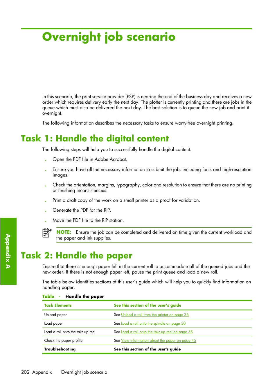 Aovernight job scenario, Task 1: handle the digital content, Task 2: handle the paper | HP Designjet Z6100 Printer series User Manual | Page 214 / 232