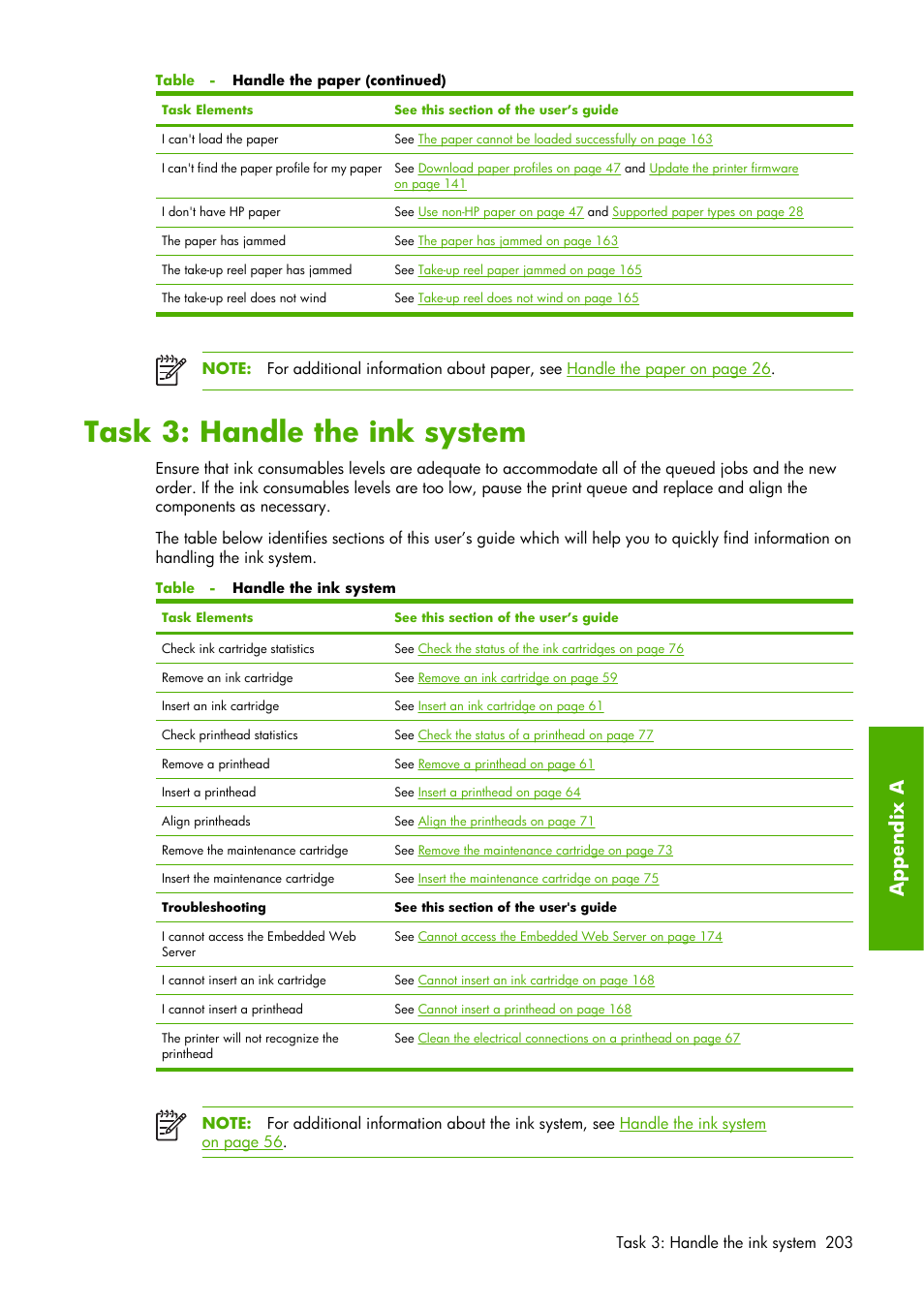 Task 3: handle the ink system, Appendix a | HP Designjet Z6100 Printer series User Manual | Page 215 / 232
