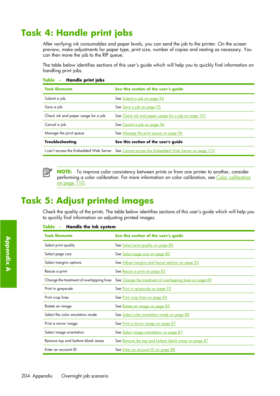 Task 4: handle print jobs, Task 5: adjust printed images, Appendix a | HP Designjet Z6100 Printer series User Manual | Page 216 / 232