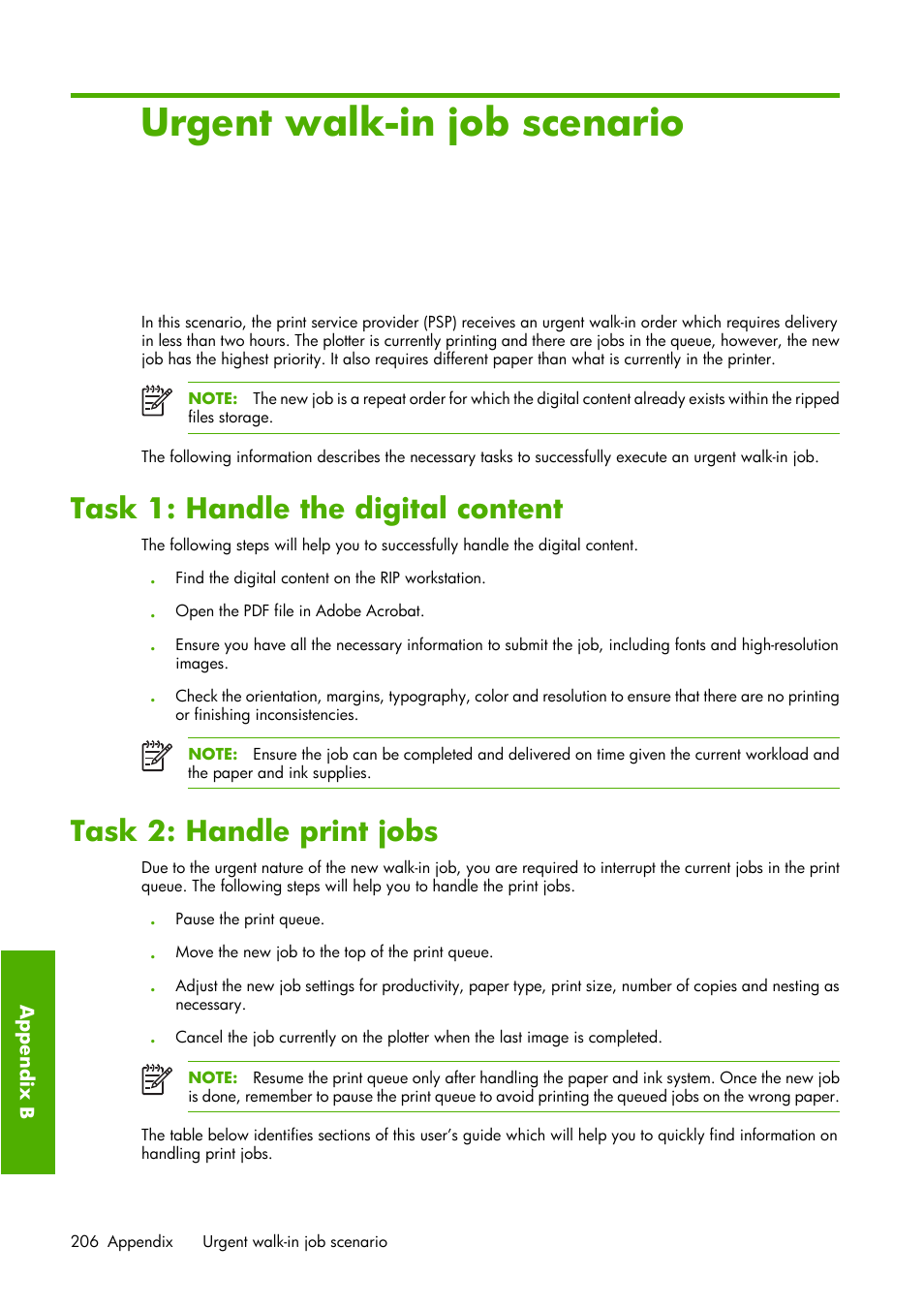 Burgent walk-in job scenario, Task 1: handle the digital content, Task 2: handle print jobs | HP Designjet Z6100 Printer series User Manual | Page 218 / 232