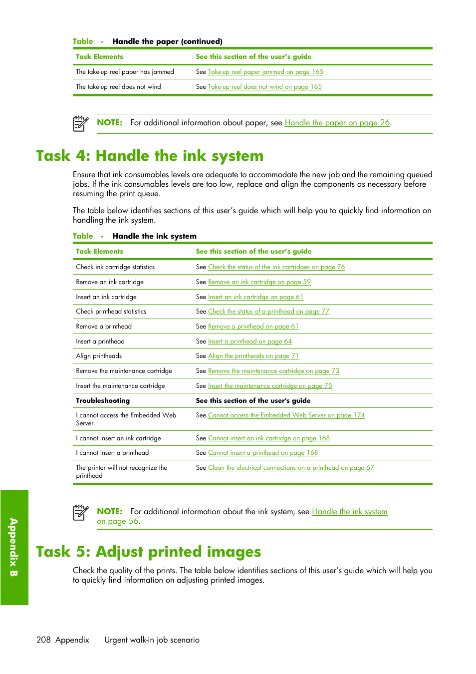 Task 4: handle the ink system, Task 5: adjust printed images, Ap pen d ix b | HP Designjet Z6100 Printer series User Manual | Page 220 / 232