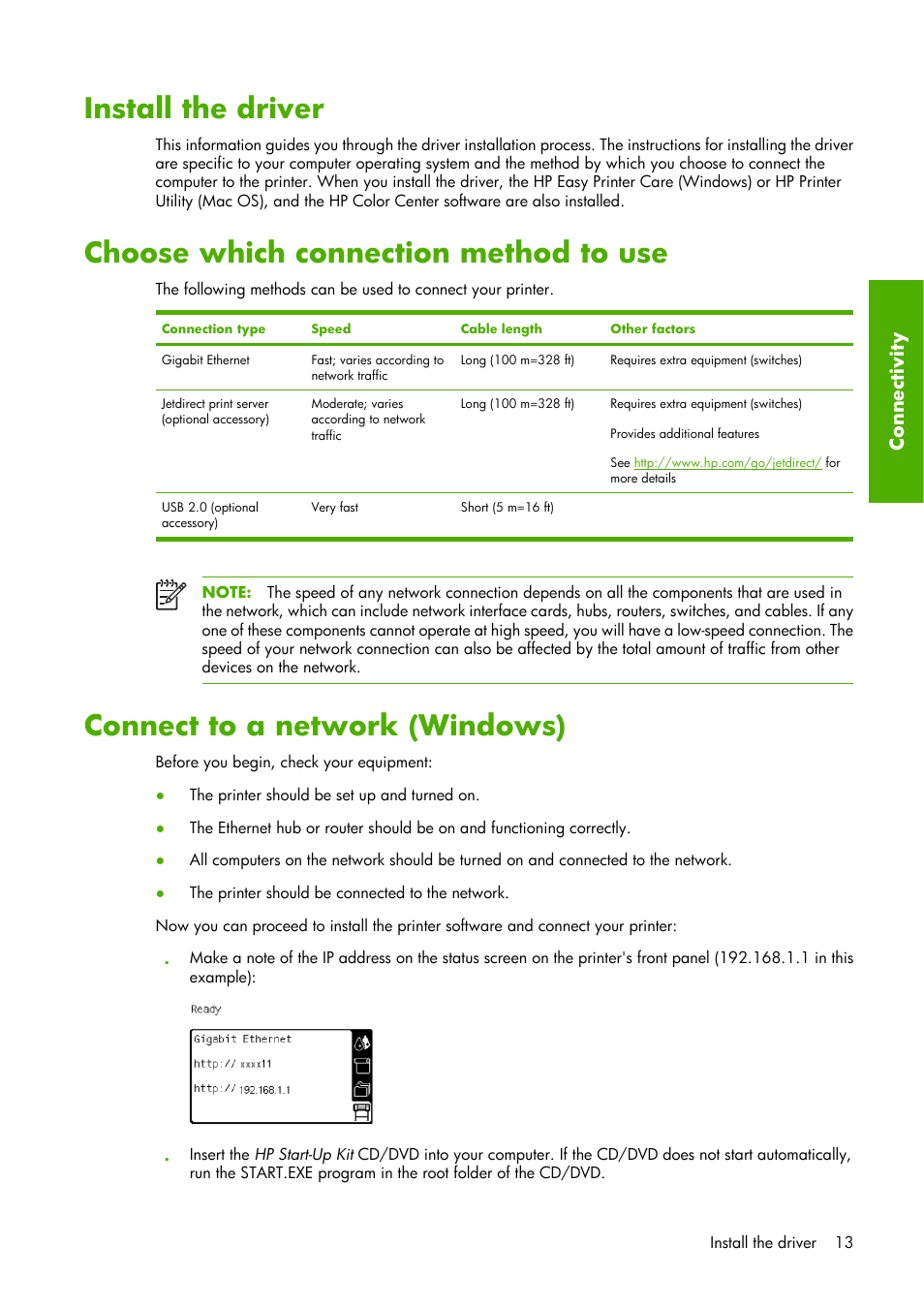 Install the driver, Choose which connection method to use, Connect to a network (windows) | Connectivity | HP Designjet Z6100 Printer series User Manual | Page 25 / 232