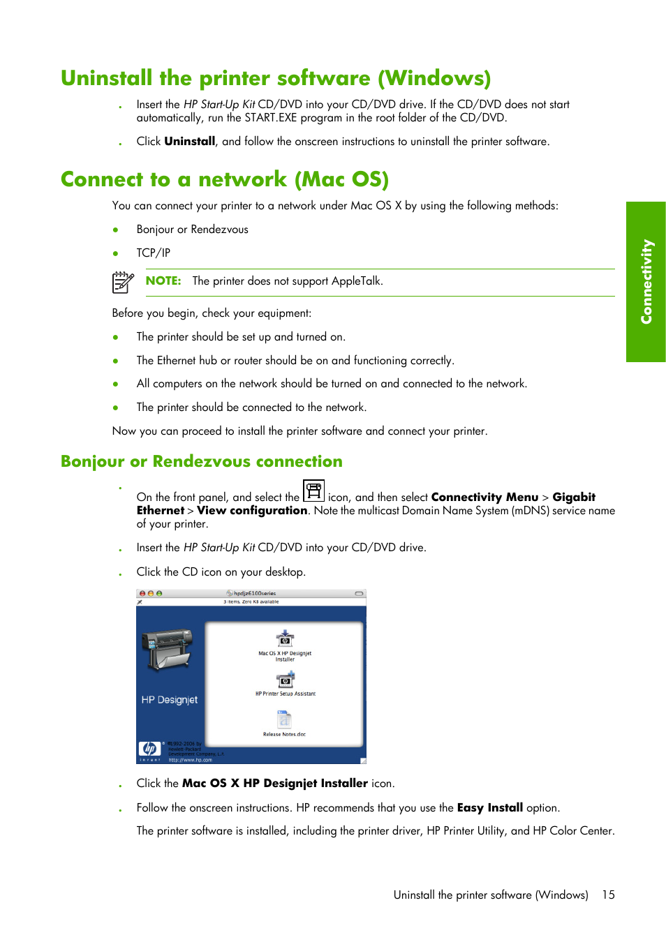 Uninstall the printer software (windows), Connect to a network (mac os), Bonjour or rendezvous connection | HP Designjet Z6100 Printer series User Manual | Page 27 / 232