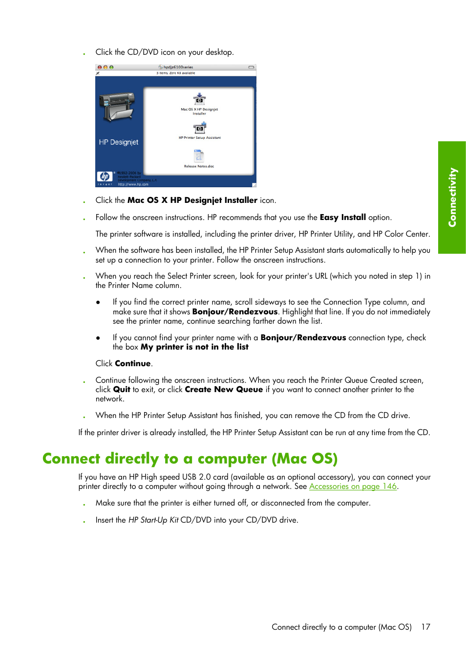 Connect directly to a computer (mac os) | HP Designjet Z6100 Printer series User Manual | Page 29 / 232
