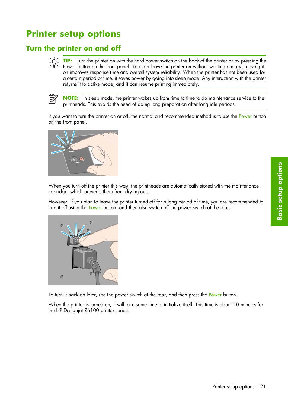 Printer setup options, Turn the printer on and off | HP Designjet Z6100 Printer series User Manual | Page 33 / 232