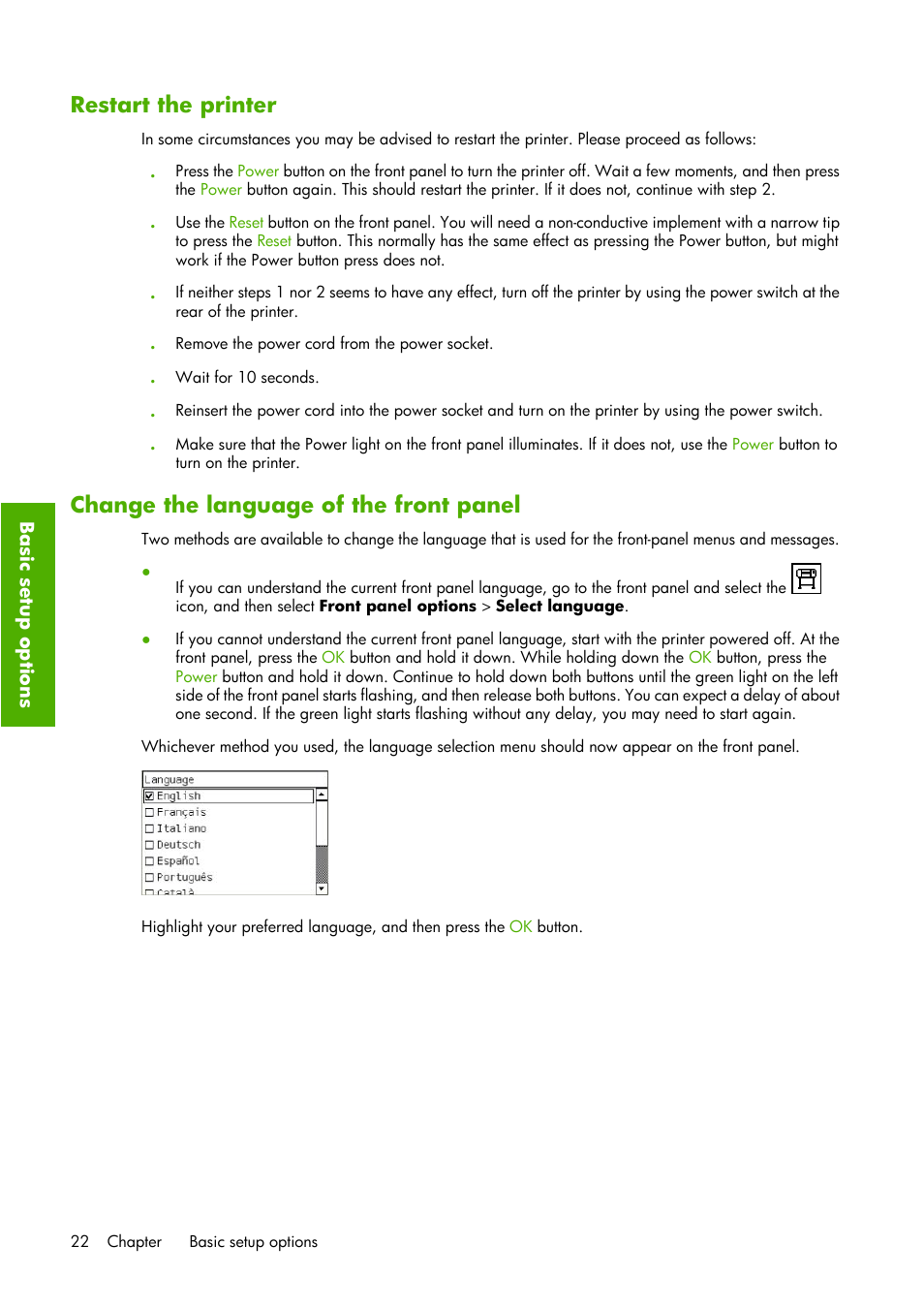 Restart the printer, Change the language of the front panel | HP Designjet Z6100 Printer series User Manual | Page 34 / 232