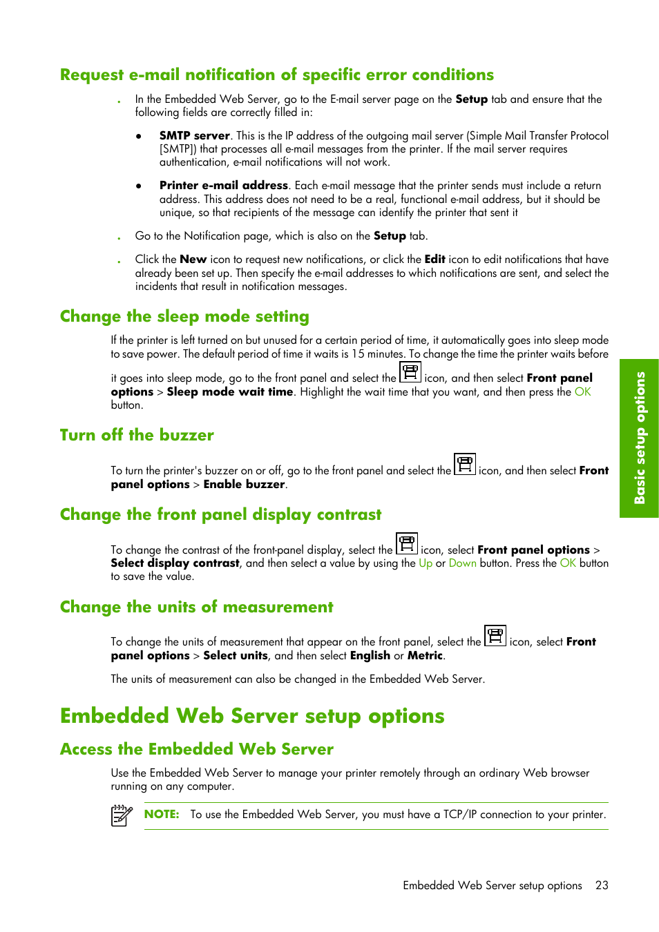Embedded web server setup options, Change the sleep mode setting, Turn off the buzzer | Change the front panel display contrast, Change the units of measurement, Access the embedded web server | HP Designjet Z6100 Printer series User Manual | Page 35 / 232