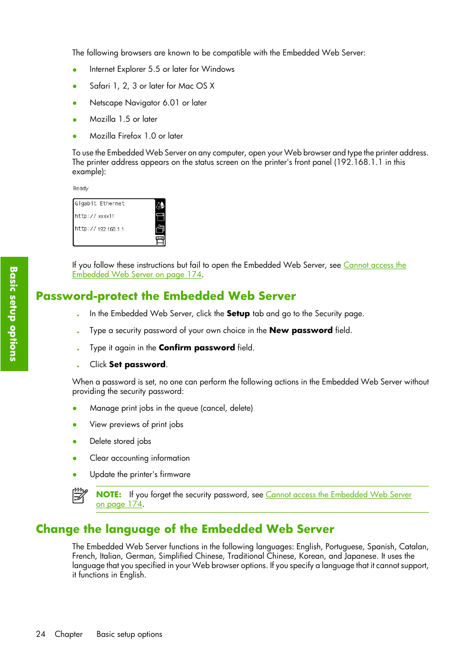Password-protect the embedded web server, Change the language of the embedded web server | HP Designjet Z6100 Printer series User Manual | Page 36 / 232