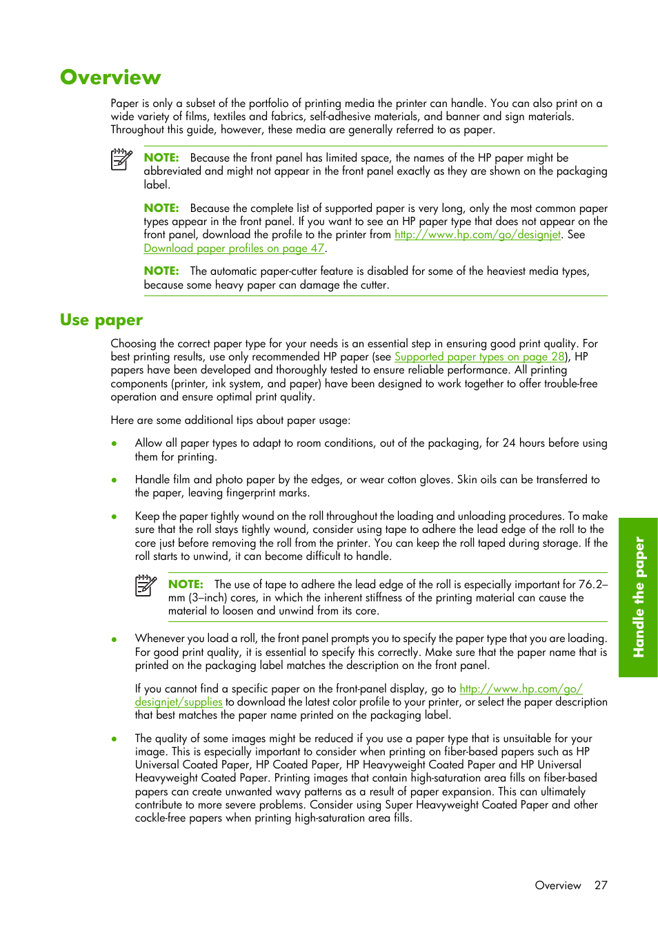 Overview, Use paper | HP Designjet Z6100 Printer series User Manual | Page 39 / 232