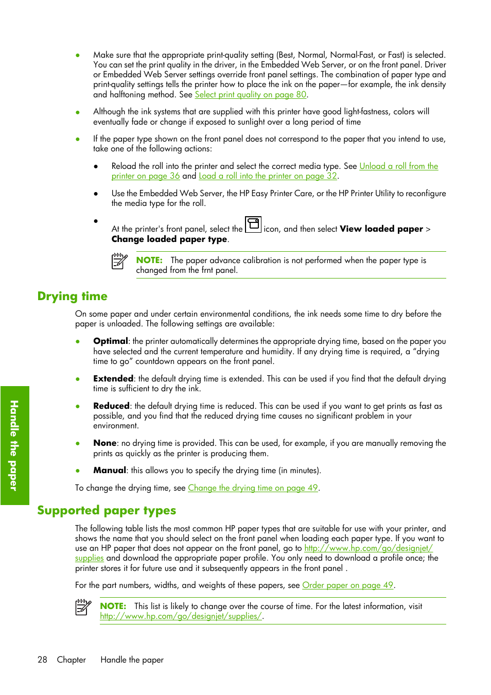 Drying time, Supported paper types | HP Designjet Z6100 Printer series User Manual | Page 40 / 232