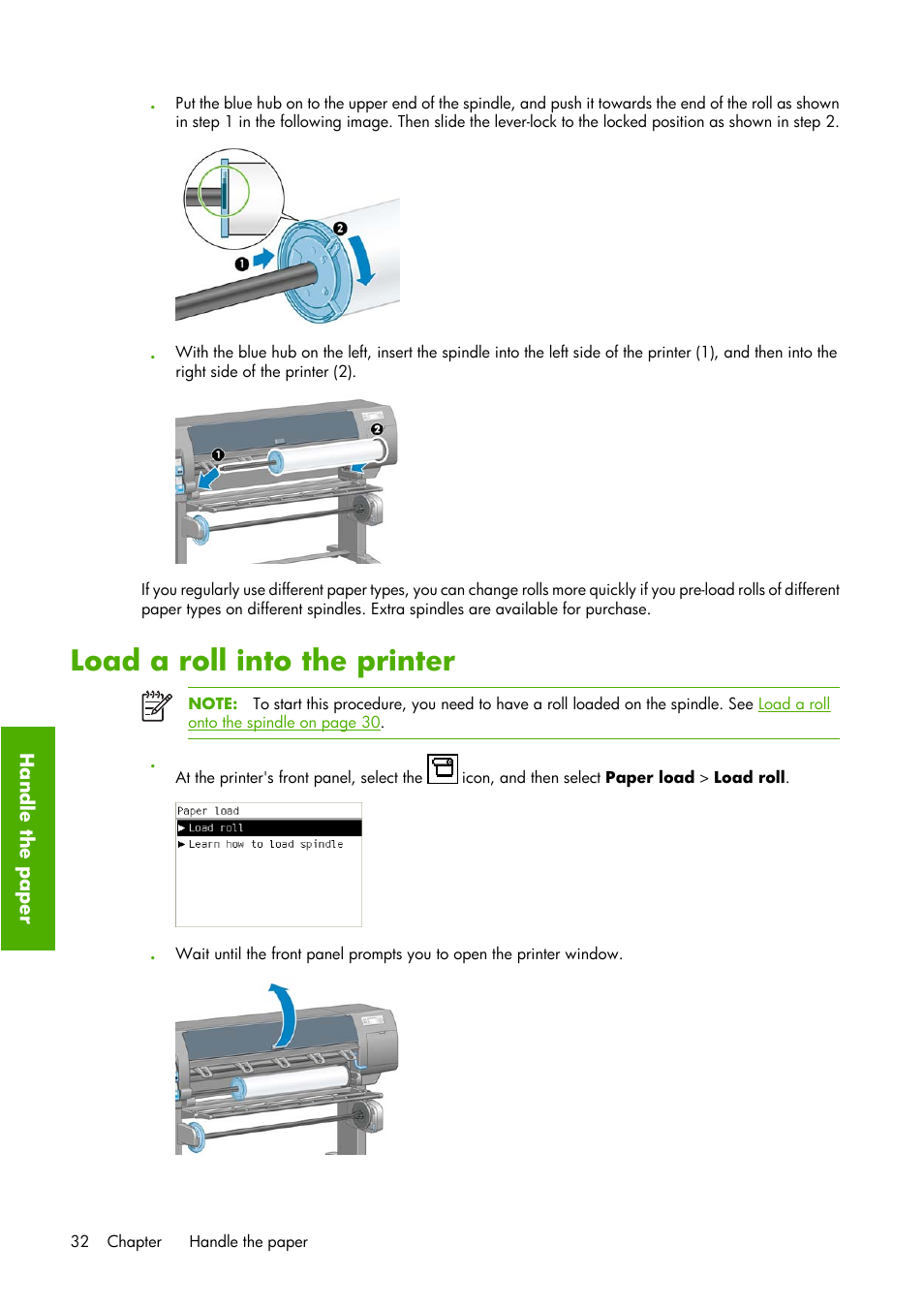 Load a roll into the printer | HP Designjet Z6100 Printer series User Manual | Page 44 / 232