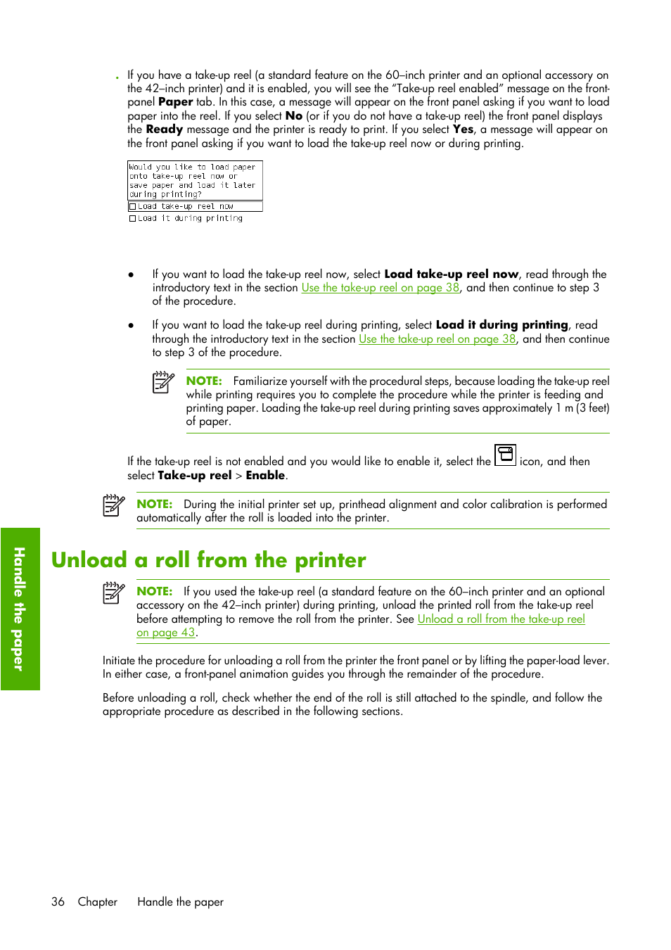 Unload a roll from the printer | HP Designjet Z6100 Printer series User Manual | Page 48 / 232