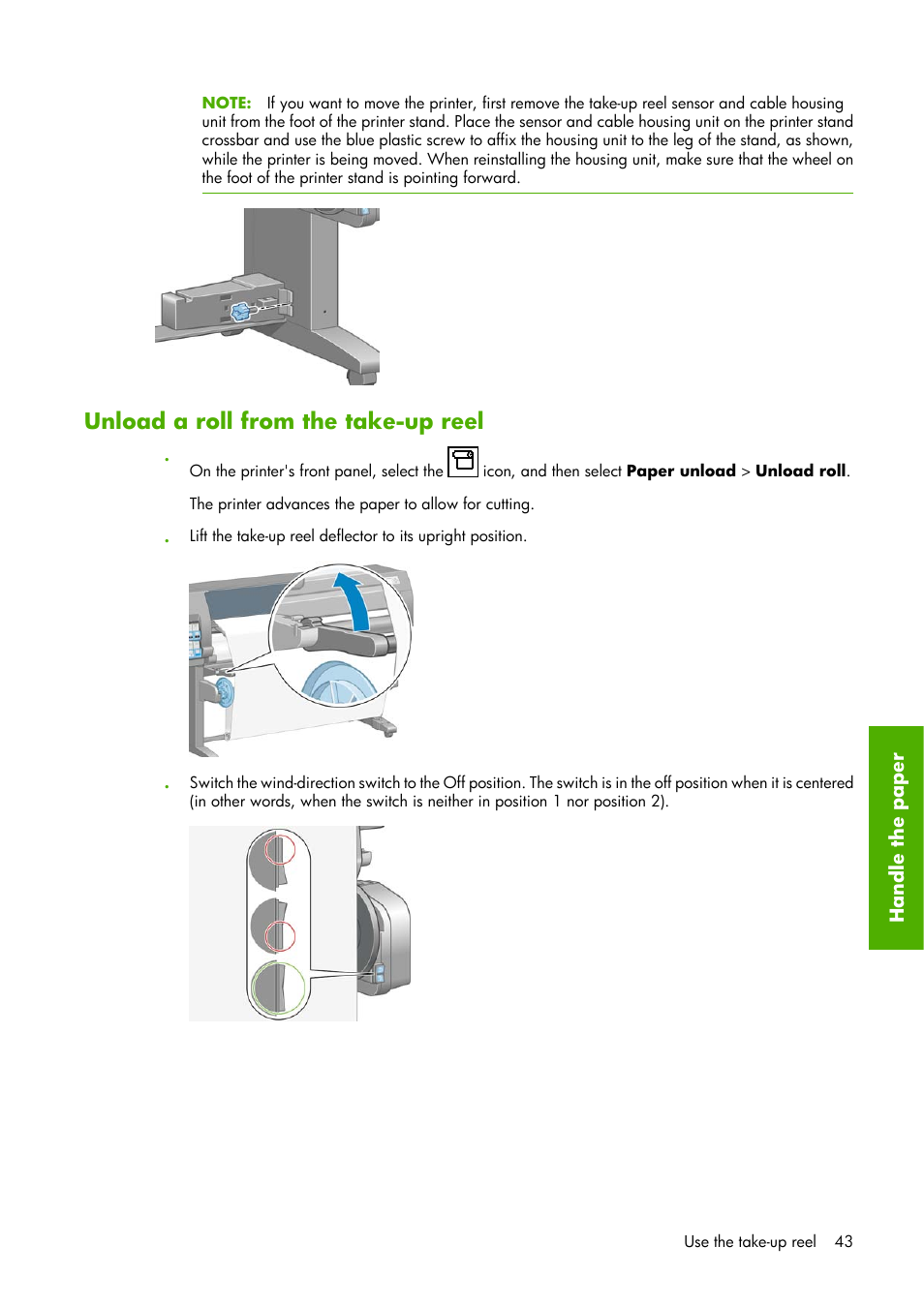 Unload a roll from the take-up reel | HP Designjet Z6100 Printer series User Manual | Page 55 / 232