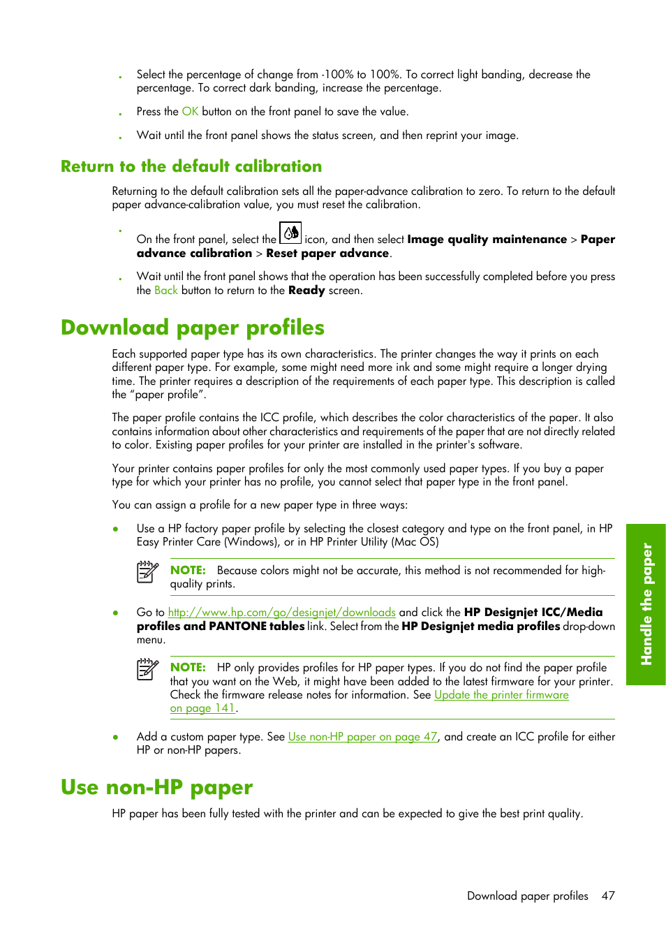 Download paper profiles, Use non-hp paper, Return to the default calibration | HP Designjet Z6100 Printer series User Manual | Page 59 / 232